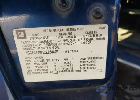 2002 Chevrolet Silverado 1500 from USA, damaged, VIN 1GCEC14W12Z264425